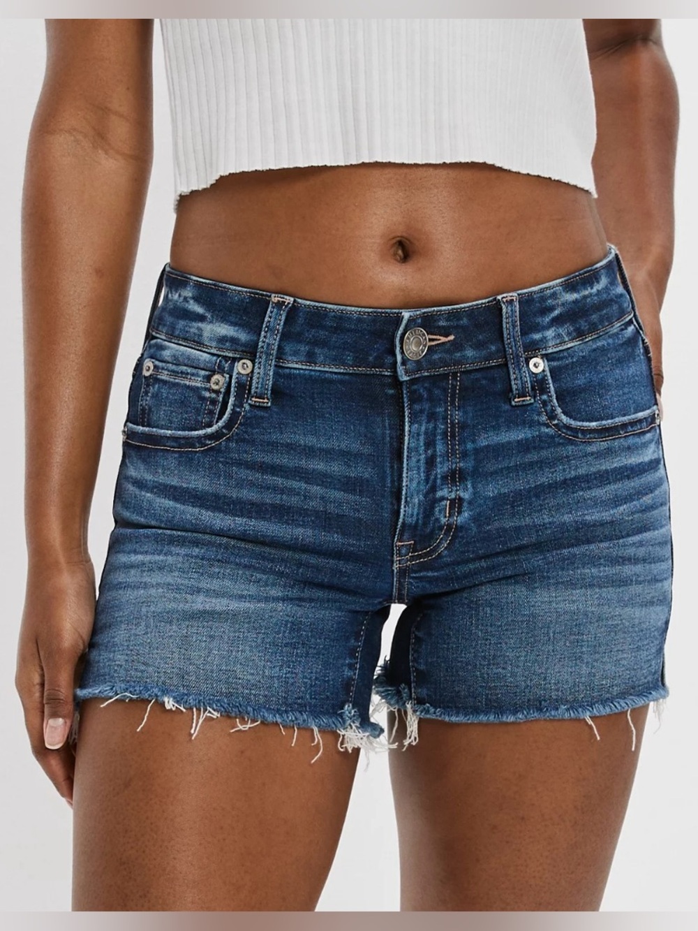 American Eagle Stretch Denim Curvy Midi Cut Off Jean Shorts Mid-Rise Women’s 2